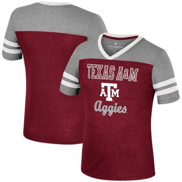 Texas A&M Aggies Colosseum Girls Youth Summer Striped V-Neck T-Shirt - Maroon/Heather Gray